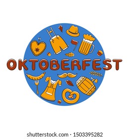 Circle badge with hand drawn inscription of Oktoberfest - Set of vector elements - Vector colorful illustration - Isolated on white