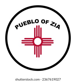 Circle badge Indian flag Zia Pueblo vector illustration isolated on background. Symbol of native people in New Mexico, United State of America. Button Zia Pueblo emblem banner. Reservation in USA. 