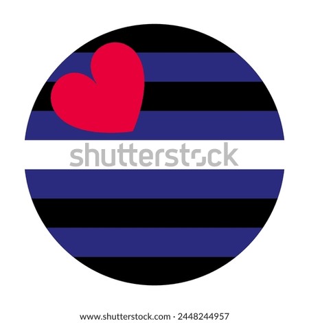 Circle badge Leather pride flag vector illustration. LGBTQ+ community. Fetish flag leather community. Represent the leather kink, denim, bondage, uniforms, and other fetishes. Heart on strips symbol.