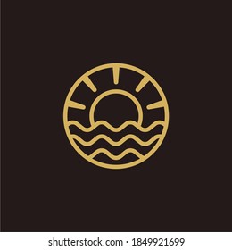 circle badge line of sun with a water ocean beach sea illustration vector logo icon illustration