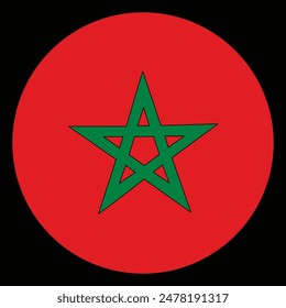 Circle Badge Marokko Fahne Button Vektorillustration isoliert auf Hintergrund. In: North Africa State Emblem. Patriotisches Nationalsymbol Marokko Banner. Afrikanisches Land. Runde Marokko Flagge Emblem Banner.