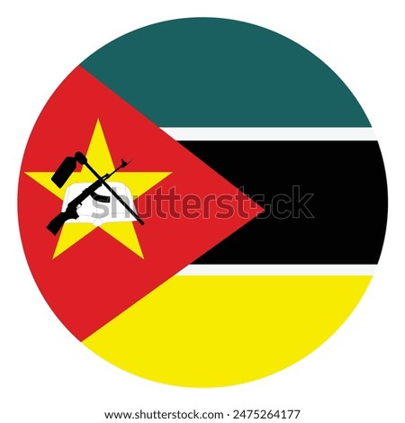 Circle badge Mozambique flag button vector illustration isolated on background. Country in Africa heraldic national symbol. Proud roundel Mozambique emblem banner. Tourism travel safari invite.