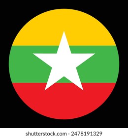 Circle badge Myanmar flag button vector illustration isolated. Burma flag national symbol. Asian country. Roundel Myanmar flag emblem banner. Heraldic sign.