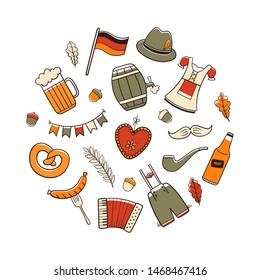 Circle badge of Oktoberfest - Set of vector elemens - Hand drawn colorful illustration - Isolated on white