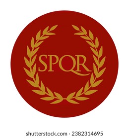 Circle badge Roman empire flag roundel vector illustration isolated. Ancient empire from Italy, Europe. Vexilloid. Insignia SPQR Senatus Populusque Romanus with laurel. Button Roman flag banner.
