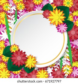 Circle badge sale banner with flowers background paper art concept.Vector illustration.