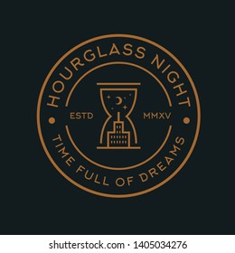 Circle badge seal logo design with hourglass moon stars and buildings line art illustration