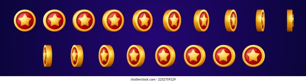 Circle badge with star turn around. Game trophy, bonus, medal icon animation set. Sprite sheet with gold coin with star on red background rotate, vector cartoon illustration