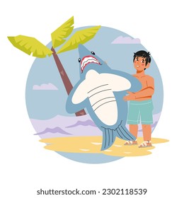 Circle badge or sticker with child plays on the sea beach. Child boy going to swim in the sea, decorative banner in cartoon style, flat vector illustration isolated on white background.