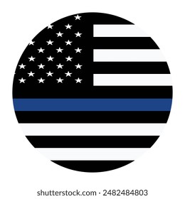 Circle badge Thin blue line flag law enforcement symbol. American police flag vector. Remembering the fallen police officers on duty. Law and order. Devotion, dedication on workplace. ladle out honors