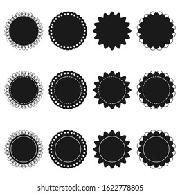 Circle badges and frame with scalloped edge black silhouette vector set isolated on a white background.