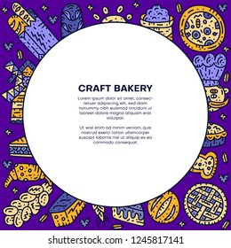 Circle bakery text template. Vector doodle illustration. Bread flyer concept.
