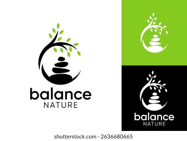 circle balancing stone with leaf tree logo design vector	
