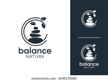 circle balancing stone with leaf tree logo design vector	

