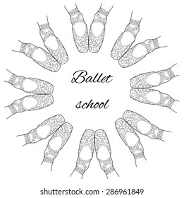 Circle of ballet pointe shoe with ornament and place for text. Black and white vector illustration. Template for design of the ballet school