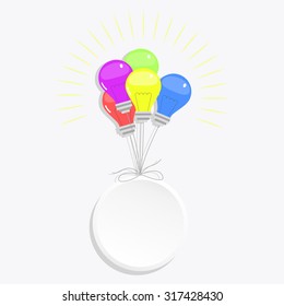 Circle and balloons light bulbs. Balloons light bulbs tied in a white circle. Copy Space.