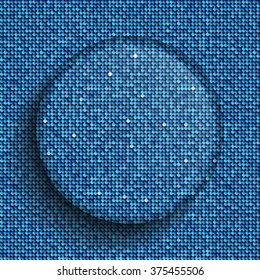 Circle banner or background with blue sequins, glitters, sparkles, paillettes. Disco party light music with shiny sequins. Blue dots glitter texture. Metallic glowing cloth. Bright wall. Repeat.