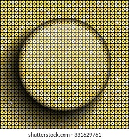 Circle banner or background with gold sequins, glitters, sparkles, paillettes. Disco party light music with shiny sequins. Gold dots glitter texture. Metallic glowing cloth. Bright wall. Repeat.
