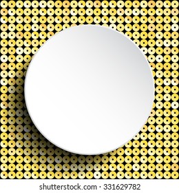 Circle banner or background with gold sequins, glitters, sparkles, paillettes. Disco party light music with shiny sequins. Gold dots glitter texture. Metallic glowing cloth. Bright wall. Repeat.