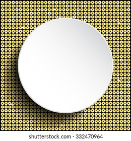 Circle banner or background with gold sequins, glitters, sparkles, paillettes. Disco party light music with shiny sequins. Gold dots glitter texture. Metallic glowing cloth. Bright wall. Repeat.
