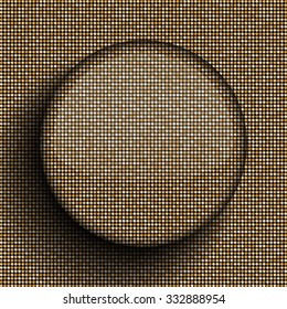 Circle banner or background with gold sequins, glitters, sparkles, paillettes. Disco party light music with shiny sequins. Gold dots glitter texture. Metallic glowing cloth. Bright wall. Repeat.