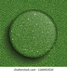 Circle banner or background with green sequins, glitters, sparkles, paillettes. Disco party light music with shiny sequins. Green dots glitter texture. Metallic glowing cloth. Bright wall. Repeat.