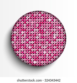 Circle banner or background with pink sequins, glitters, sparkles, paillettes. Disco party light music with shiny sequins. Pink dots glitter texture. Metallic glowing cloth. Bright wall. Repeat.