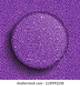 Circle banner or background purple sequins, glitters, sparkles, paillettes. Disco party light music with shiny sequins. Purple dots glitter texture. Metallic glowing cloth. Bright wall. Repeat.
