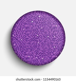 Circle banner or background purple sequins, glitters, sparkles, paillettes. Disco party light music with shiny sequins. Purple dots glitter texture. Metallic glowing cloth. Bright wall. Repeat.