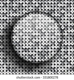 Circle banner or background with silver sequins, glitters, sparkles, paillettes. Disco party light music with shiny sequins. Silver dots glitter texture. Metallic glowing cloth. Bright wall. Repeat.