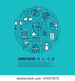 Circle banner with decor wedding line icon on blue background. Design template web banner  for bride checklist. Flyer with pattern art symbol for marriage planning. Vector