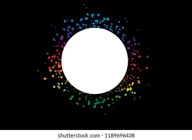 Circle banner frame with rainbow confetti, decoration scattered paper explosion, celebration party on black abstract background vector illustration