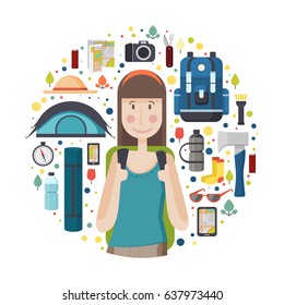 Circle banner with girl tourist.  Young smile woman is a traveler with a pattern of things for tourism and travel. Icons of  backpack, fanatic, map, smartphone and camera. Vector