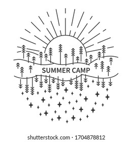 Circle banner with hill and pine tree landscape on white background. Day and high sky. Flat line style banner for summer camping. Vector illustration.
