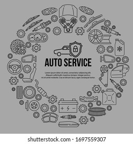 Circle banner with line icons of auto parts on a gray background. Template for auto service, car repair. In the center you can write any text. Concept for web posters and printed materials