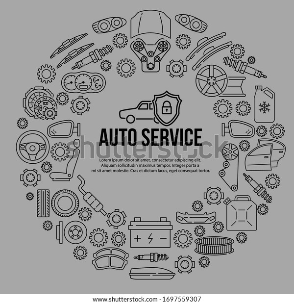 Circle\
banner with line icons of auto parts on a gray background. Template\
for auto service, car repair. In the center you can write any text.\
Concept for web posters and printed\
materials