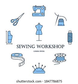 Circle banner with line icons of sewing blue color. Template for sewing atelier, workshop. Clothing repair. Any text can be written in the center.