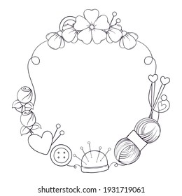 Plantilla de banner de círculo para hacer a mano, tejer, coser. Marco con atributos de costura y tejido en forma de doodle