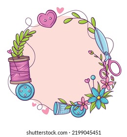 Circle banner template for hand made, knitting, sewing. Frame with sewing and knitting attributes in doodle style.