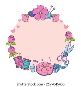 Circle banner template for hand made, knitting, sewing. Frame with sewing and knitting attributes in doodle style.