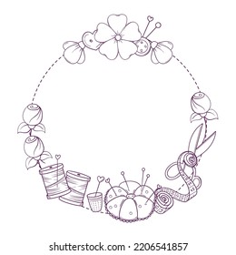 Circle banner template for hand made, knitting, sewing. Frame with sewing and knitting attributes in sketch style