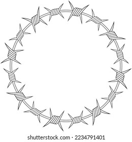 Circle barbed wire border template. Barb line on white background. Prison fence concept.