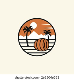 A circle with a barrel, palm trees, and a mountain in the background