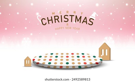 Circle base Dots patterns for product show Christmas and New year decorated with home shape toy on winter scene pink background. Vector illustration.