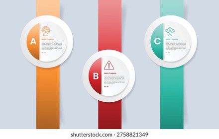 Circle base infographic with glossy gradient style with big circle layer with full vertical ribbon badge with three segment information vector