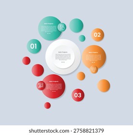 Circle base infographic with glossy gradient style with big and small combination spreading around with three segment information vector