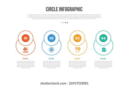 Diagrama de modelo de infográficos de forma de base de círculo com círculo grande com distintivo pequeno no topo com 4 pontos passo criativo vetor de contorno plano simples