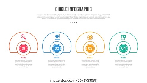 Circle base shape infographics template diagram with circle cut slice with badge on bottom with 4 point step creative simple flat outline vector