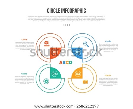 Circle base shape infographics template diagram with square center venn combination on quadrant structure with 4 point step creative simple flat outline vector