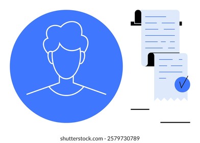 Circle with a basic human avatar on the left and two documents with a checkmark on the right. Ideal for identification, verification, approval processes, personal account creation, administrative